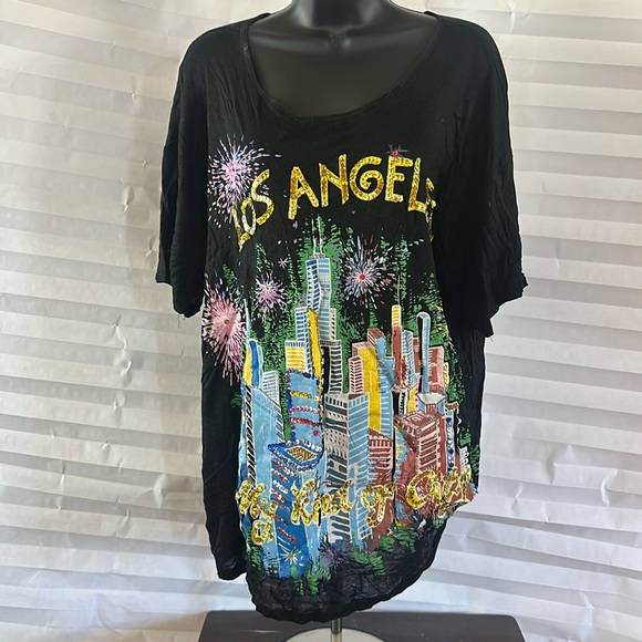 Bali Chic Black Sequin Shirt  “Los Angeles Is My Kind of Town” Vintage Statement - Picture 1 of 6